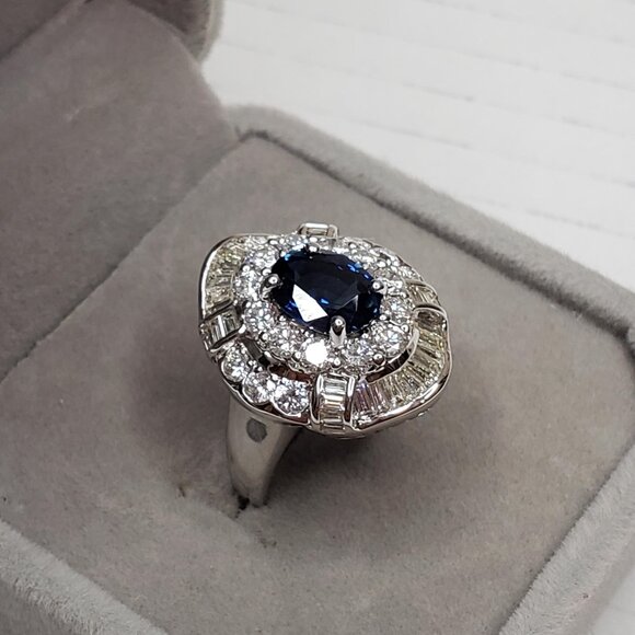 Luxury Blue Sapphire and Diamond In 18k White Gold Ring Classy and Elegant - Picture 10 of 16